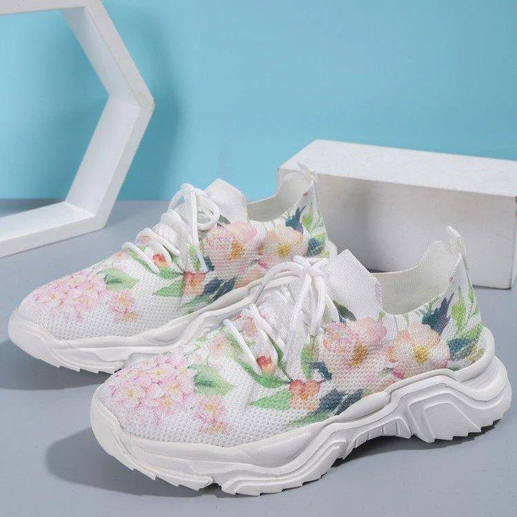 Women Floral Print Lace-up Breathable Orthopedic Sneakers