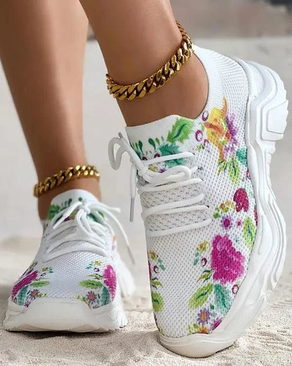 Women Floral Print Lace-up Breathable Orthopedic Sneakers