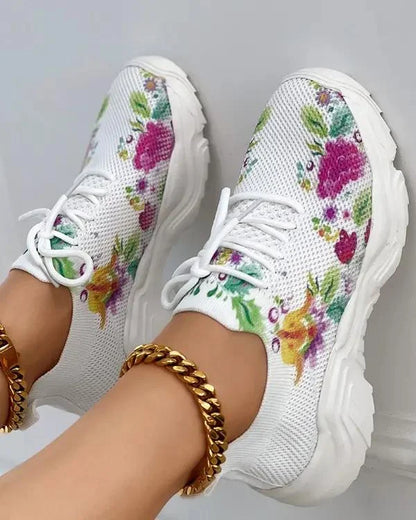 Women Floral Print Lace-up Breathable Orthopedic Sneakers